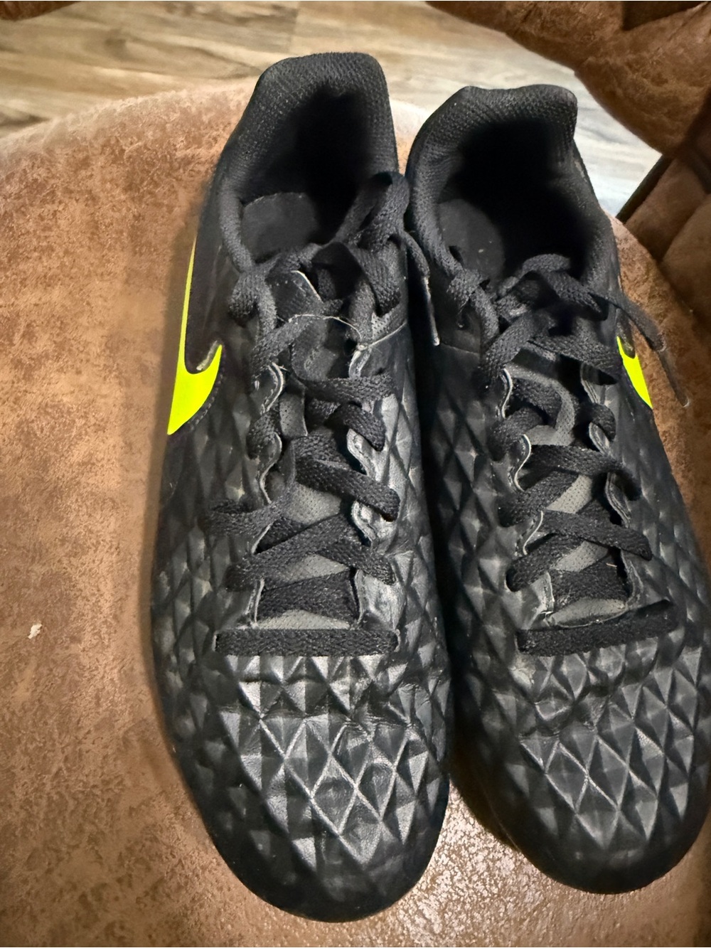 Size 6Y Nike Kids Black Sneakers with Neon Yellow Swoosh